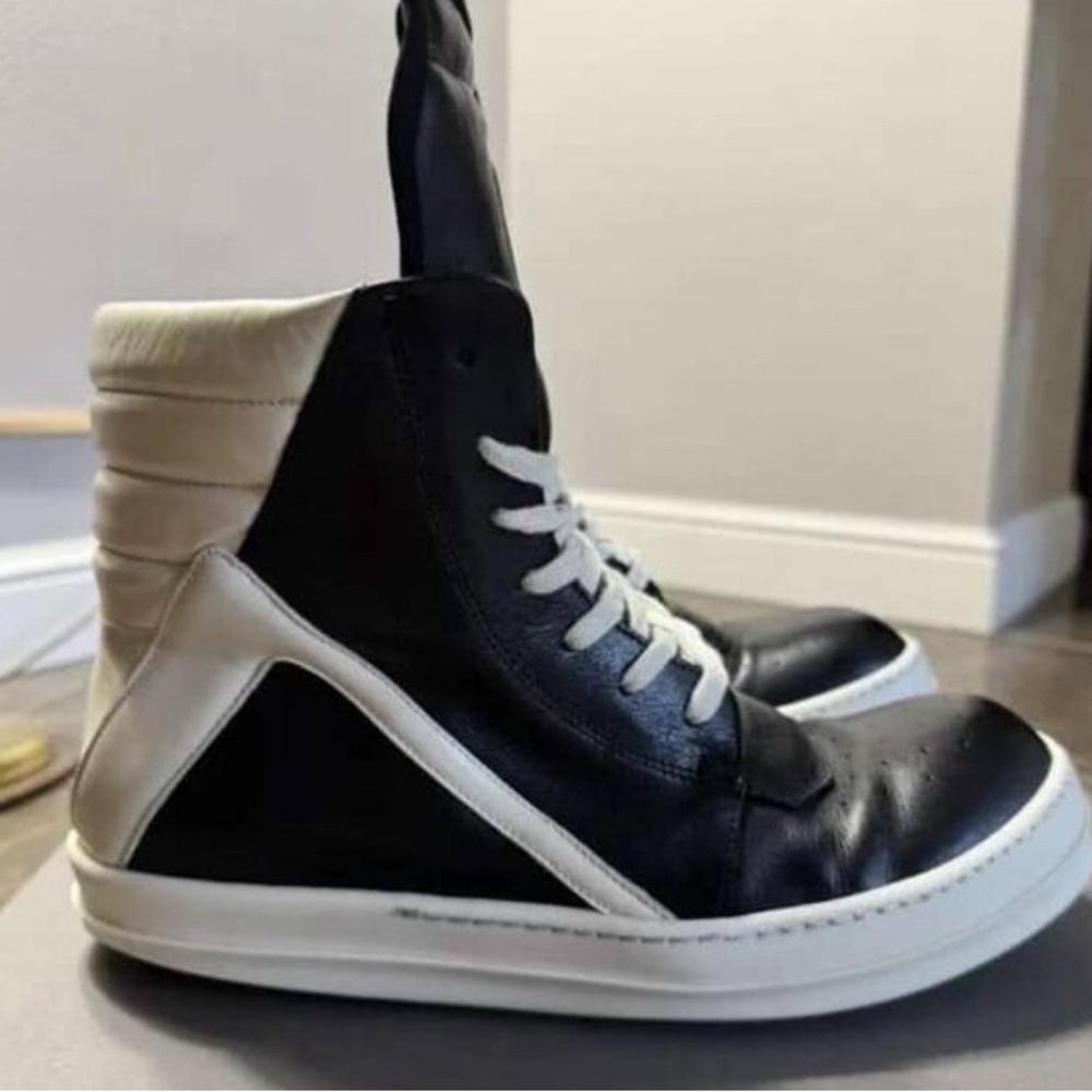 Rick Owens Black and Cream High-Top Sneakers